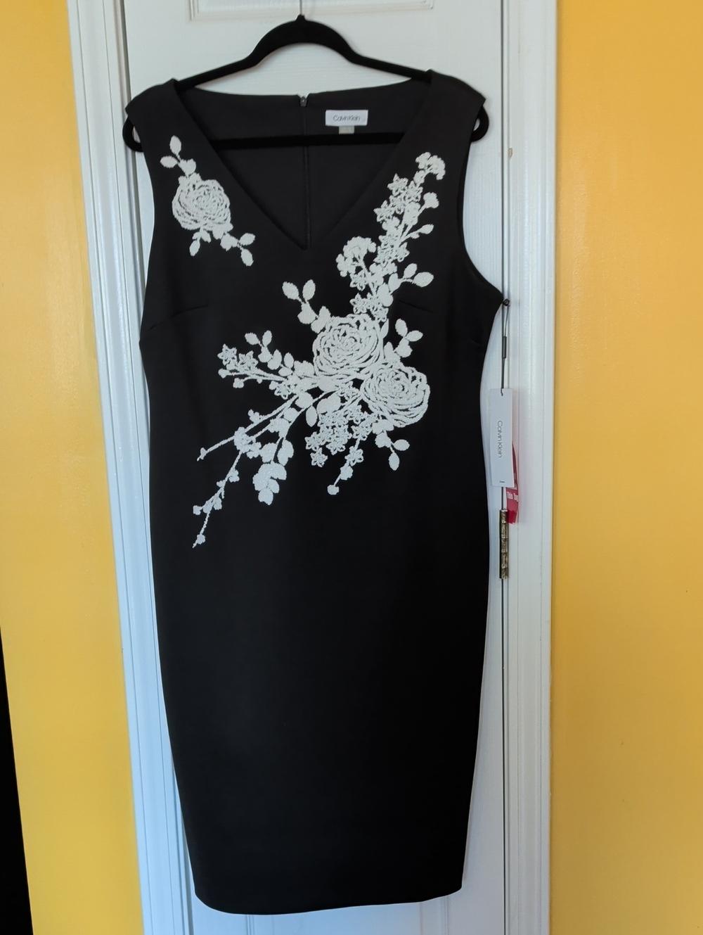 Calvin Klein Black Sheath Dress with White Floral Appliqué